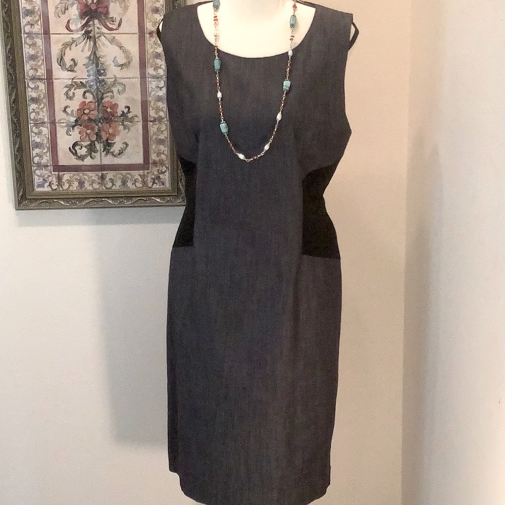 Calvin Klein Dark Wash Chambray Dress with Black Color accents at waist.